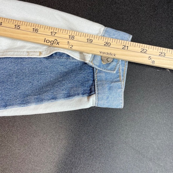 VIGOSS Women's Patchwork Denim Jacket Size L Blue White Long Sleeve Cropped - Picture 10 of 11